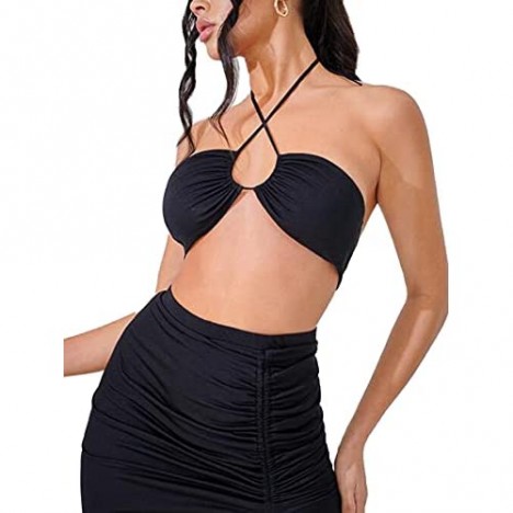 LYANER Women's 2 Piece Outfits Criss Cross Crop Top with Drawstring Split Slit Midi Skirt Set