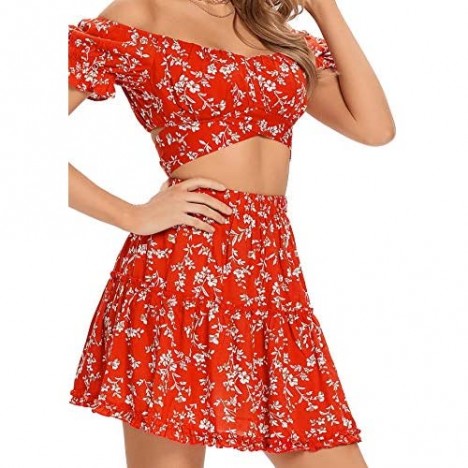 LYANER Women's 2 Piece Outfits Floral Off Shoulder Tie Up Crop Top and Mini Skirt Set