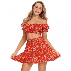 LYANER Women's 2 Piece Outfits Floral Off Shoulder Tie Up Crop Top and Mini Skirt Set