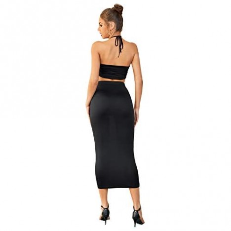 LYANER Women's Sexy Halter Cami Crop Top and Midi Skirt Set Black X-Large