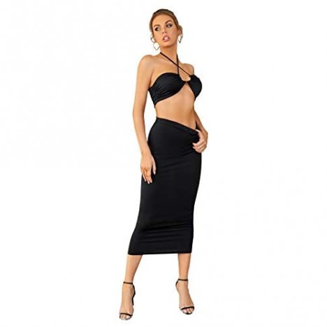 LYANER Women's Sexy Halter Cami Crop Top and Midi Skirt Set Black X-Large