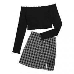 Milumia Women's 2 Pieces Outfits Off Shoulder Ribbed Knit Crop Tees and Plaid Skirts Sets