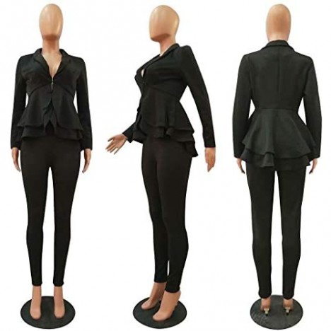 OLUOLIN Women’s Elegant 2 Piece Blazer Suit Deep V Neck Ruffle Top Bodycon Long Pant Set with Belt…