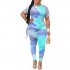 Remxi Women 2 Piece Outfits Tie Dye Print Short Sleeve Ruched Big Size Top Bodycon Long Pants Set Tracksuit Plus Size Blue M