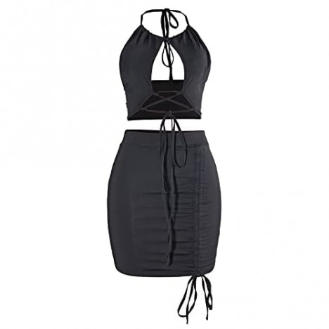 Sexy Two Piece Club Outfits for Women Drawstring Backless Tank Crop top Bodycon Mini Dress Suits
