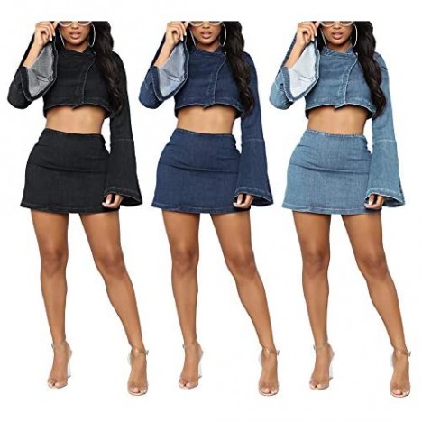Short Dress Sets Women 2 Piece Outfits Sexy Crop Top Long Sleeves Denim Top Bodycon Mini Club Dress Skirt Set