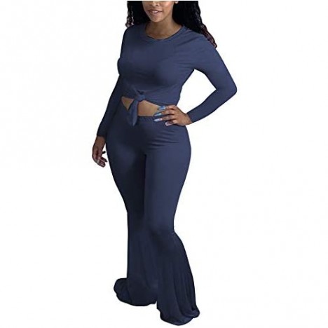 Womens 2 Piece Solid Casual Sets Long Sleeve Crop Top High Waist Flare Pants Loungewear