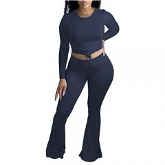 Womens 2 Piece Solid Casual Sets Long Sleeve Crop Top High Waist Flare Pants Loungewear