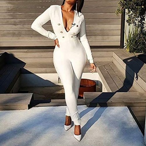 Womens Sexy Zipper Front V Neck Long Sleeve Bodycon Jumpsuits Blazer Suit Outwear