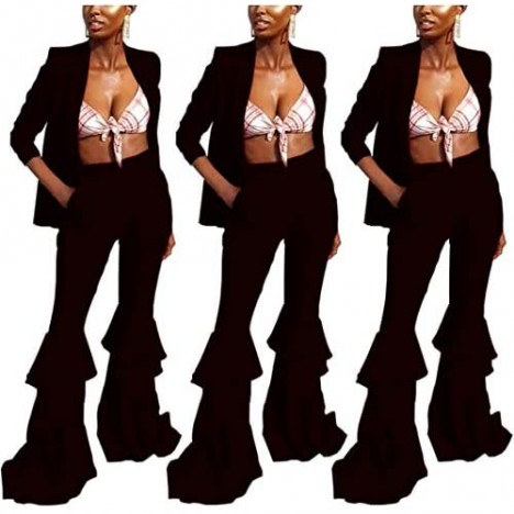 Womens Two Piece Outfits for Women Blazer Long Sleeve Business Jacket Open Front Bell Bottoms Ruff Pants Suits Party Clubwear