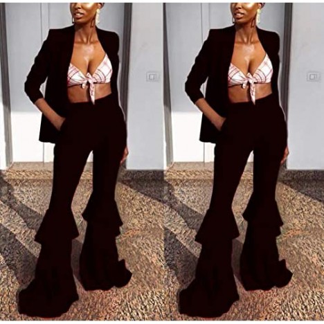 Womens Two Piece Outfits for Women Blazer Long Sleeve Business Jacket Open Front Bell Bottoms Ruff Pants Suits Party Clubwear