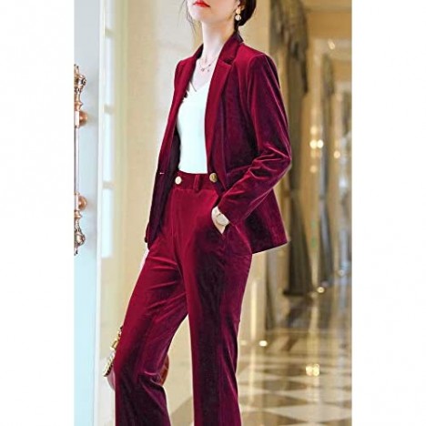 Women’s Two Piece Velvet Blazer Suits Slim Fit One Button Women Pantsuits Office Lady Suits Sets