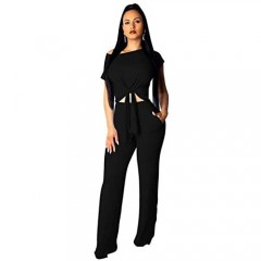 YOLI Women's Casual Two Piece Outfits - Sexy Tie Front Crop Top with Long Pants Tracksuit